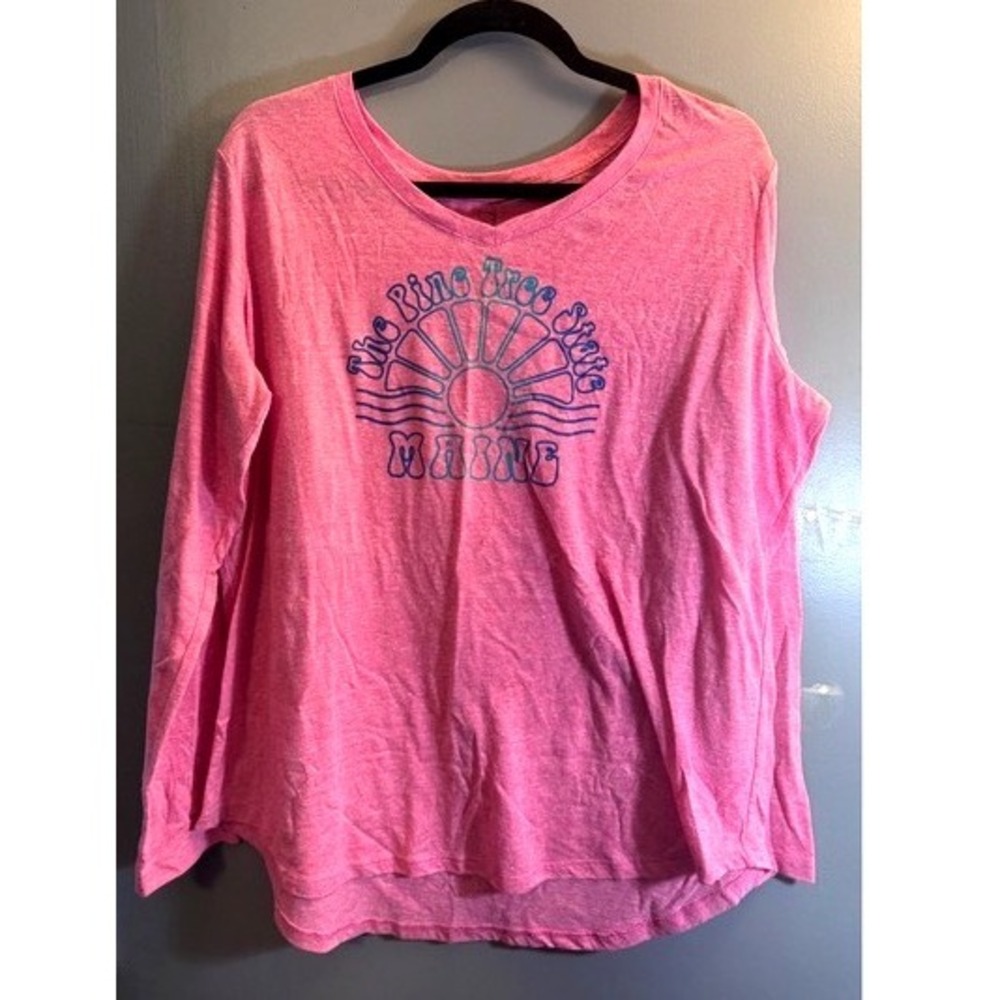 State of Mine Maine The Pine Tree State Graphic Tee Pink‎ V-Neck XL Retro Sun